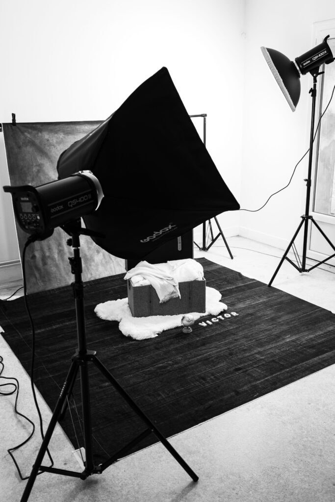 studio photo installé lors d'un shooting naissance chez Carole Millet photographe dans le Gers